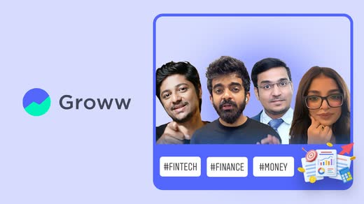 Groww campaign card: the Groww logo beside four finance creators, tagged #Fintech #Finance #Money